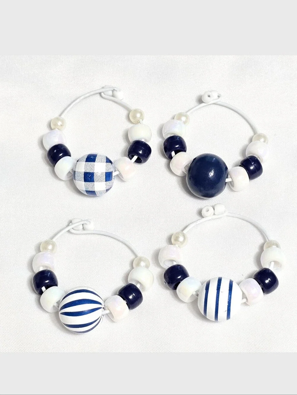 4 Blue and White Stripe Beach Nautical Coastal-themed Beaded Wine Glass Charms: